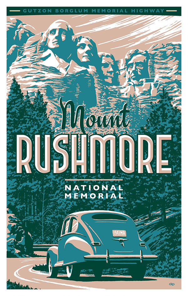 Vintage car driving to Mount Rushmore National Memorial
