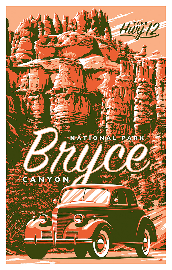 Vintage car driving through Bryce Canyon National Park