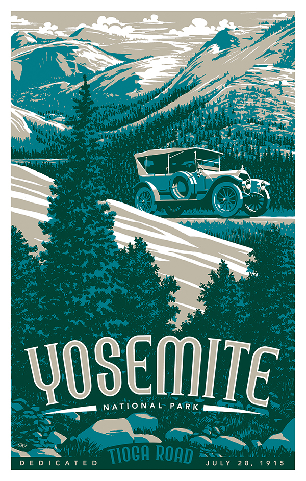 Vintage car driving to Yosemite National Park