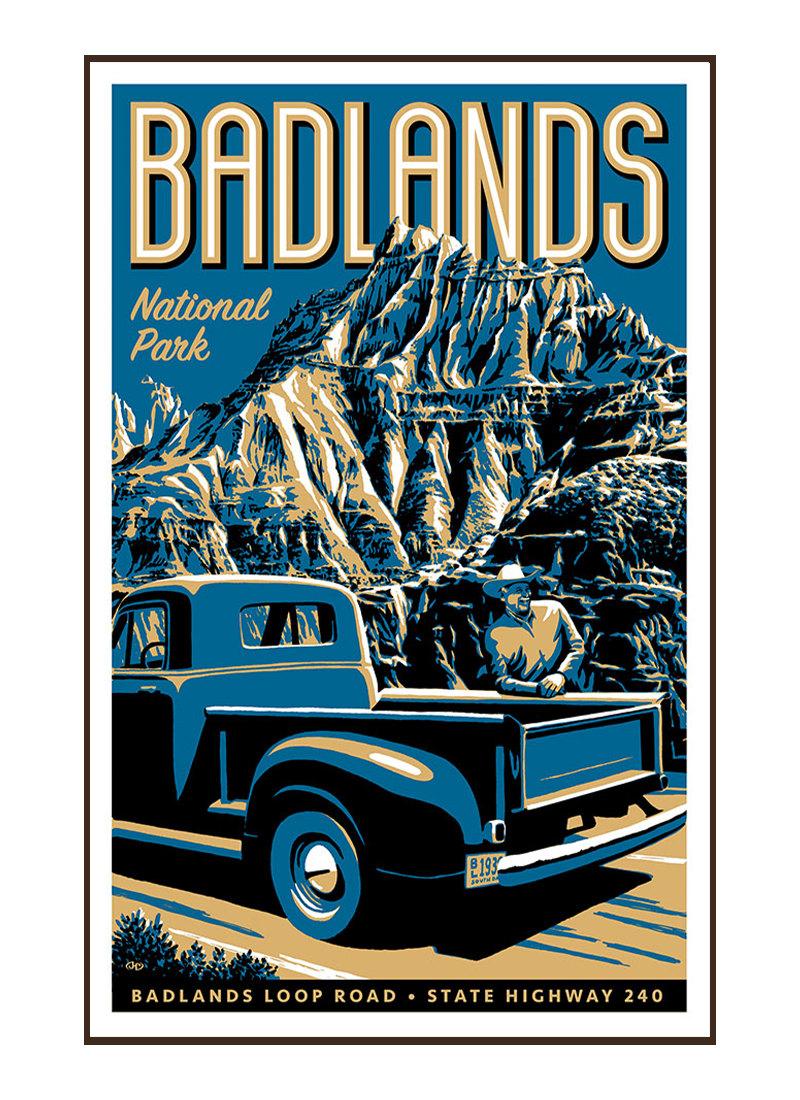 BLNPposterborder_69ca6b9f-ff40-4d4b-873e-2fe5aade92bd Illustration of vintage truck at Badlands National Park