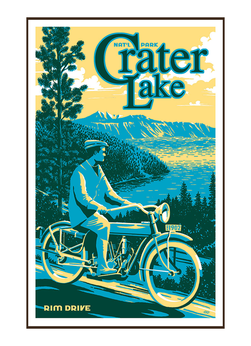 CLNPposterborder_fdf47194-9c95-4fbc-bf1c-e51e93fbe68b Illustration of vintage car at Crater Lake National Park