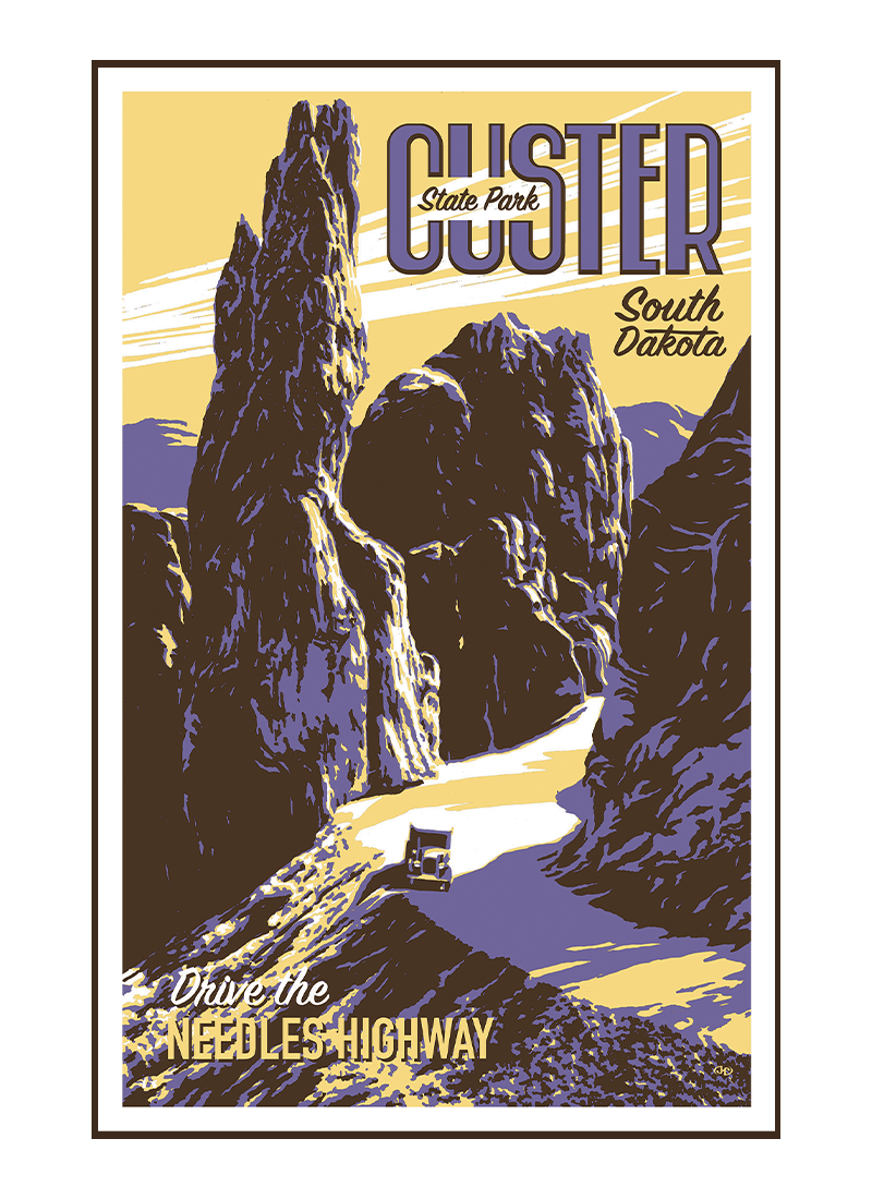 CSPposterborder Illustration of vintage car at Custer State Park