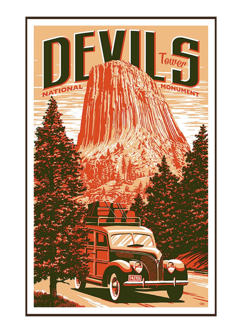 DTNMposterborder_facccd78-a4f1-419a-8888-d76228c9db88 Illustration of vintage car at Devils Tower National Monument
