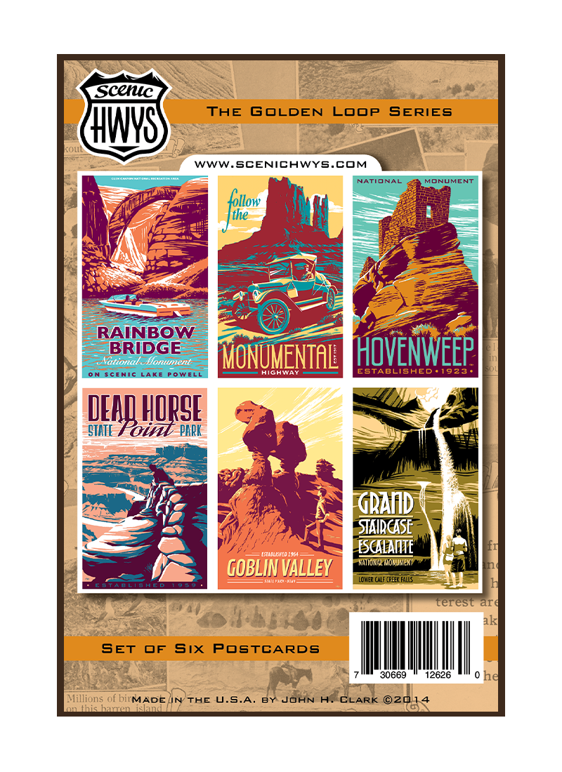 GLpcsetborder Six vintage-style illustrations of Utah National Monuments and State Parks