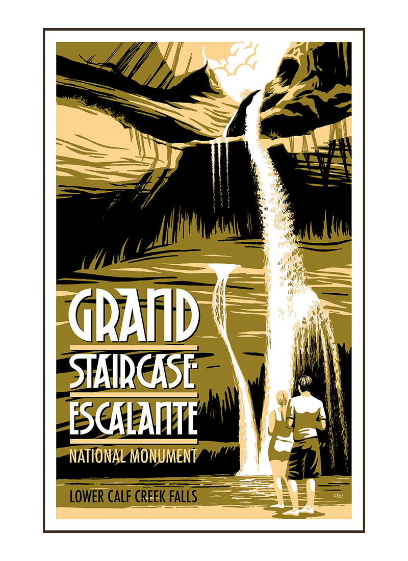 GSEfallsposterborder Vintage illustration of tourists at Grand Staircase Escalante National Monument