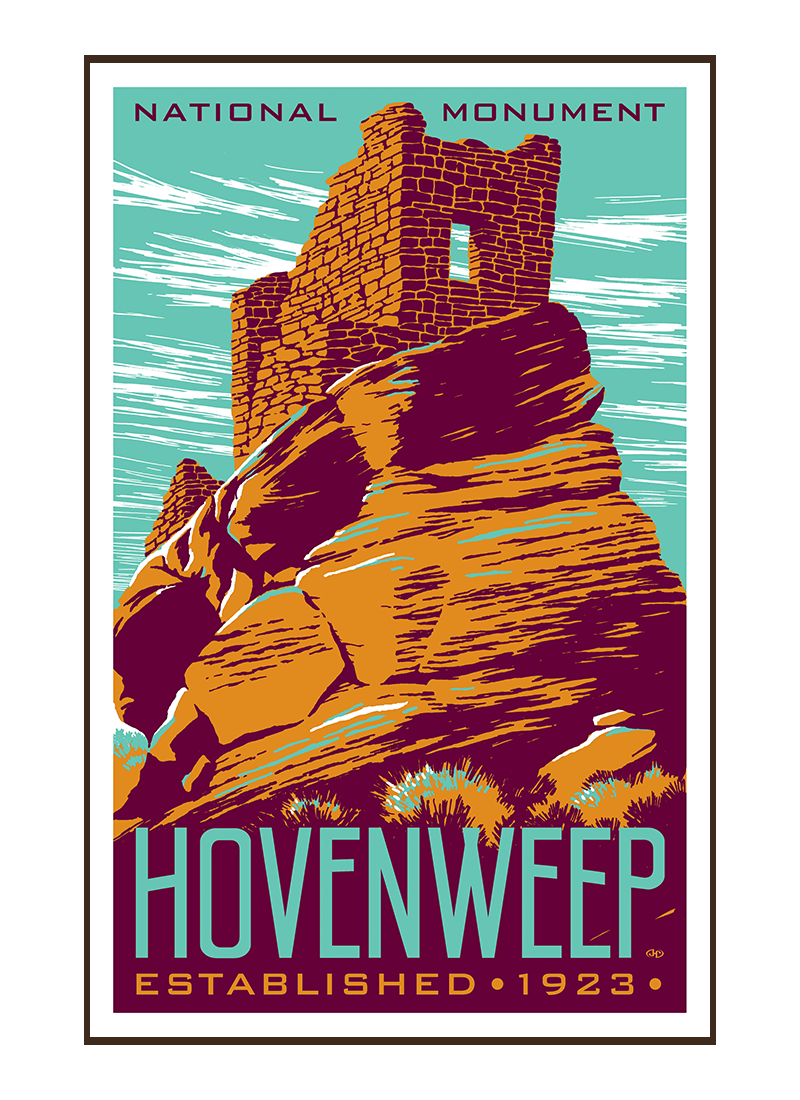 HWNMposterborder Vintage illustration of Hovenweep National Monument
