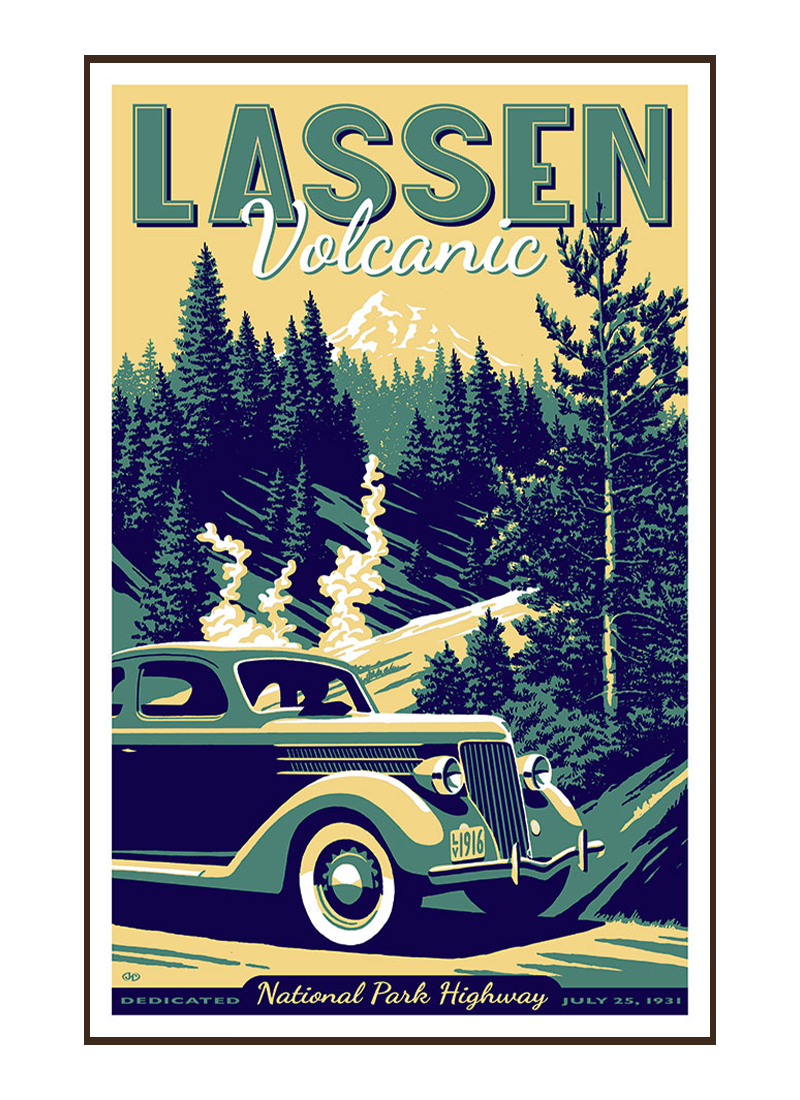 LVNPposterborder_9e94239d-828f-4221-9404-ff5c7eb6b14f Illustration of vintage car at Lassen Volcanic National Park