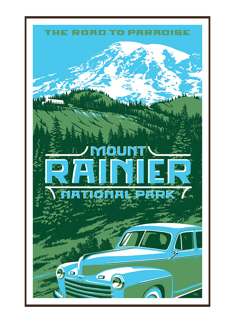 MRNPposterborder_5a3ad050-7995-4781-be97-7a5090c0b0be Illustration of vintage car at Mount Rainier National Park