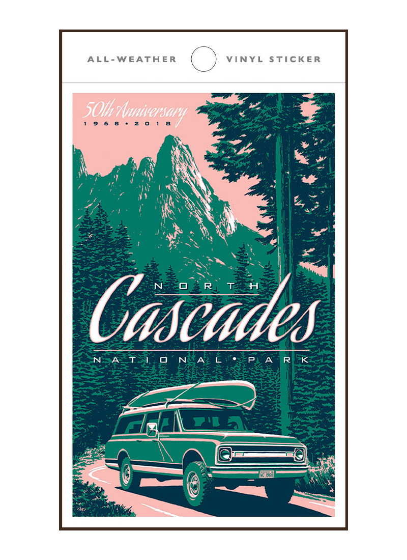 NCNP50stickerborder Illustration of vintage car at North Cascades National Park