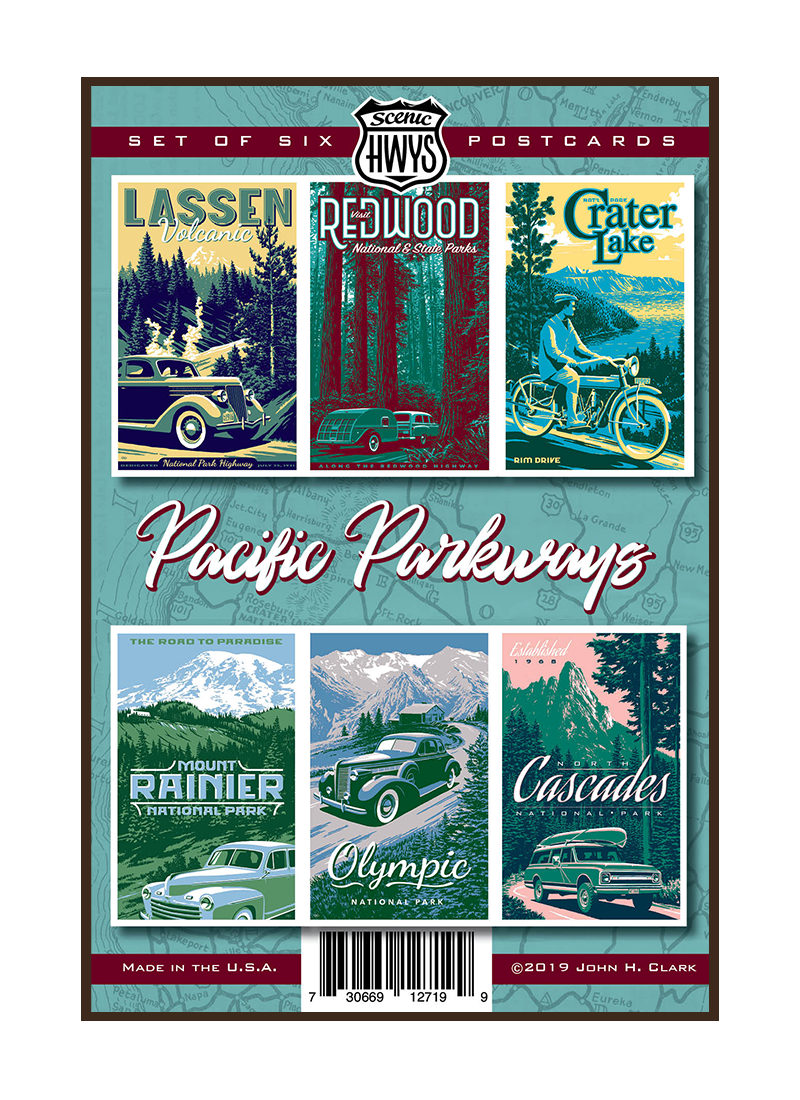 PPpcsetborder Six vintage-style illustrations of Pacific Coast National Parks