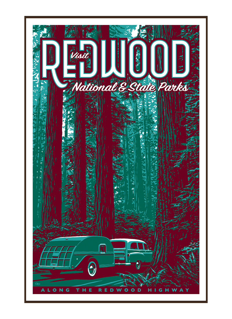 REDWposterborder Illustration of vintage car at Redwoods National Park and State Parks