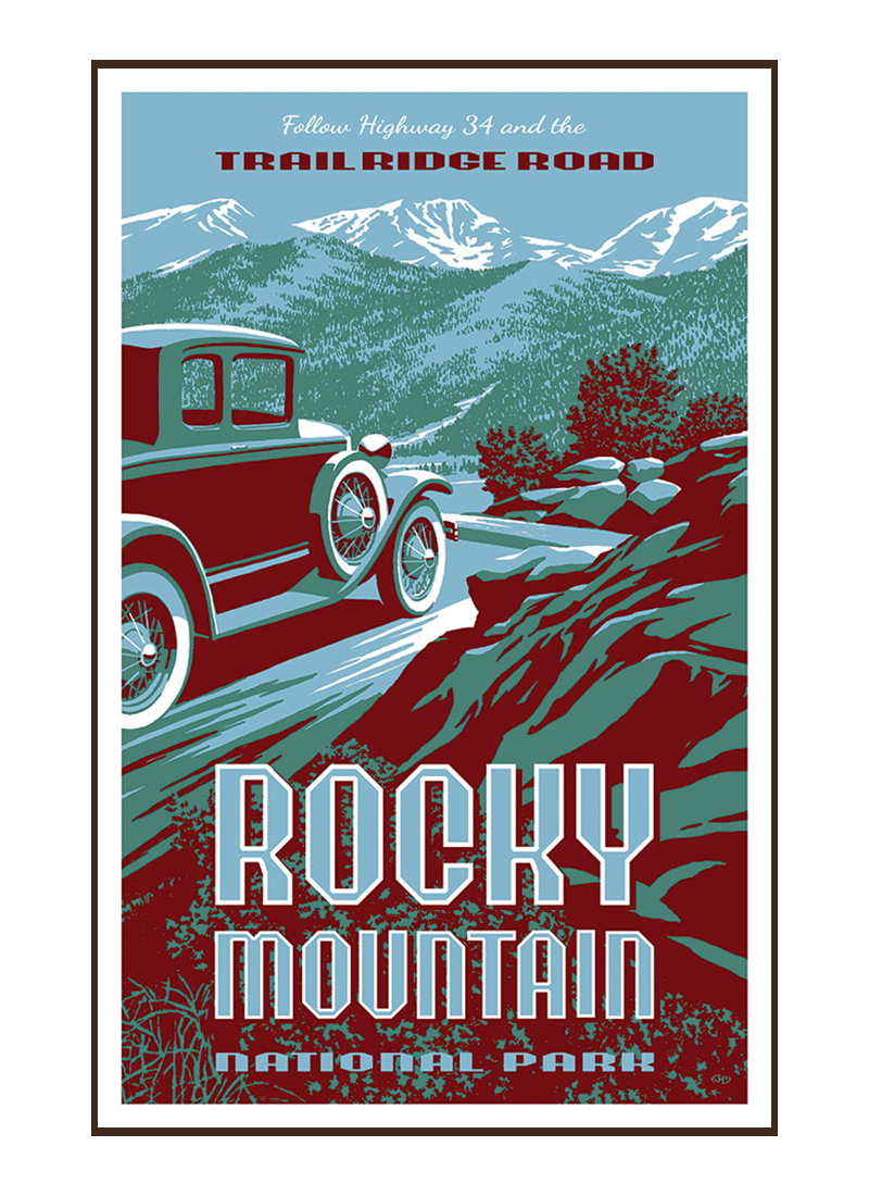 RMNPposterborder_84cdd617-bba6-4a71-9628-064cbd0bcb33 Illustration of vintage car at Rocky Mountain National Park