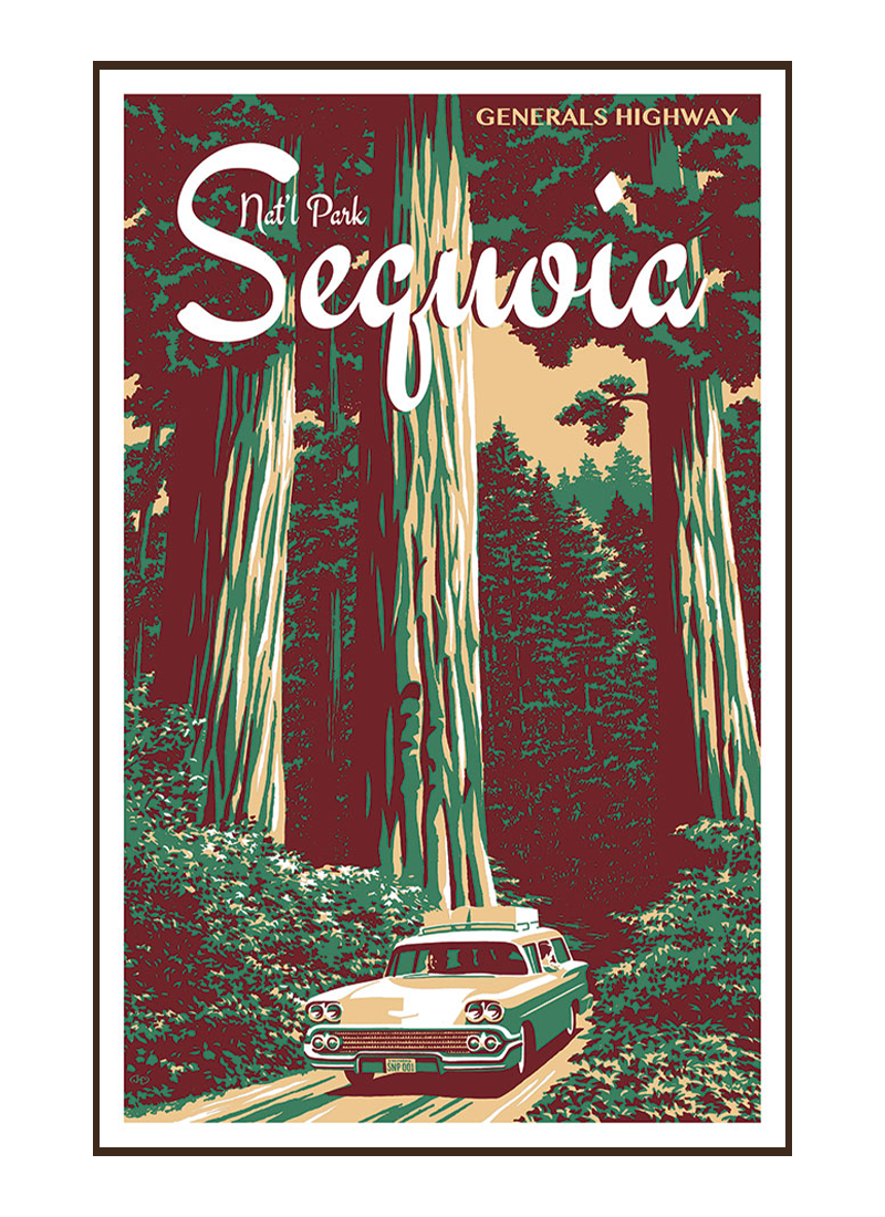 SNPposterborder_88d69a35-e7d0-4a70-ba53-6264159ada4a Illustration of vintage car at Sequoia National Park