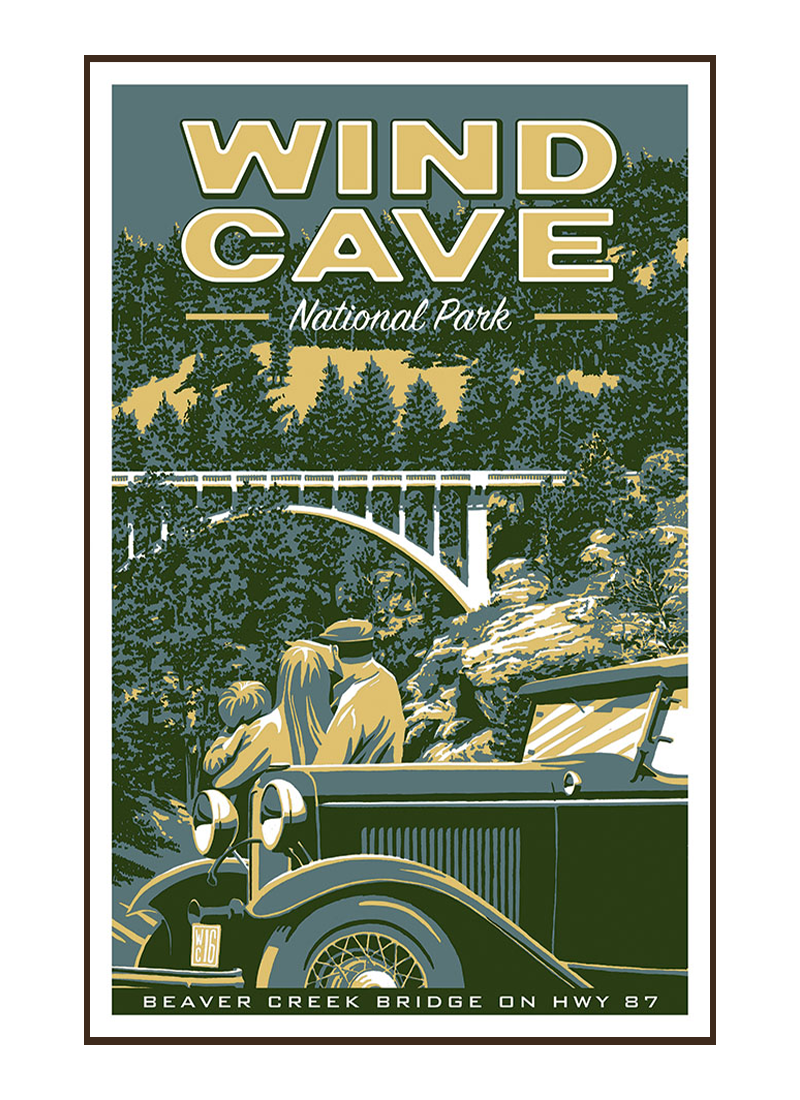 WCNPposterborder_7078b270-45e0-45bc-a2fd-0d8e51628cc1 Illustration of vintage car at Wind Cave National Park