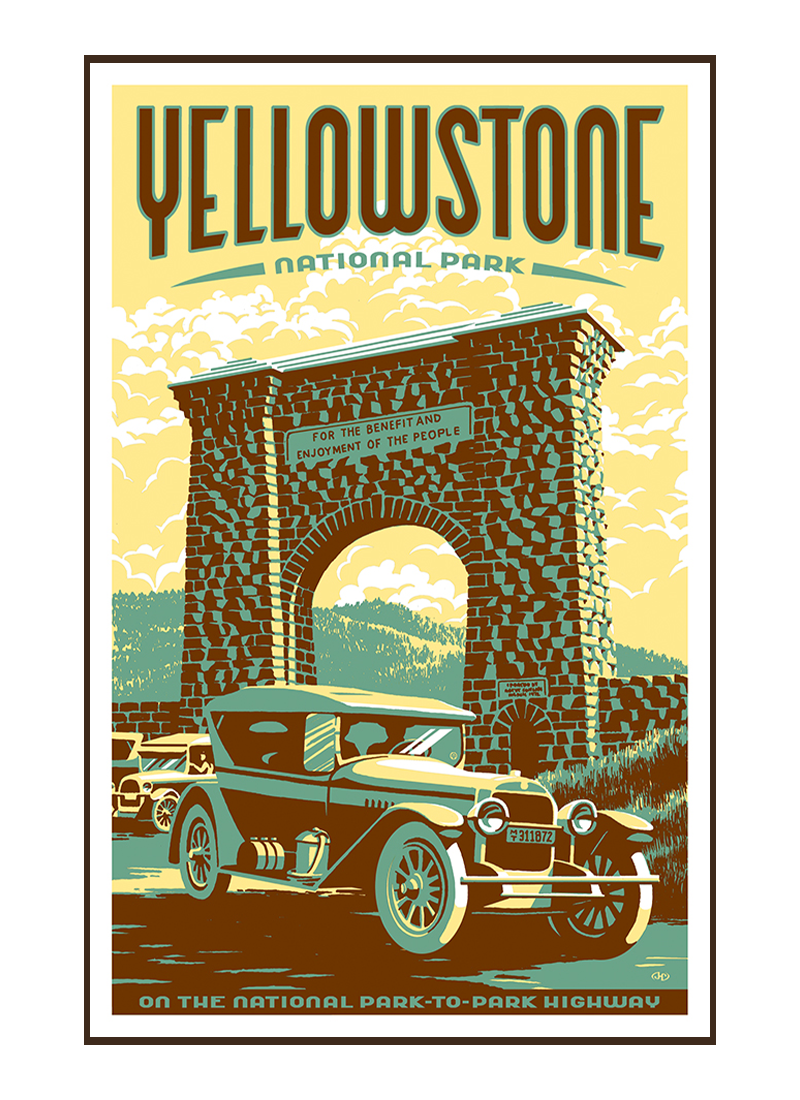 YNPposterborder_2f59d48c-c92c-4328-8058-a0f909ee97a1 Illustration of vintage car at Yellowstone National Park