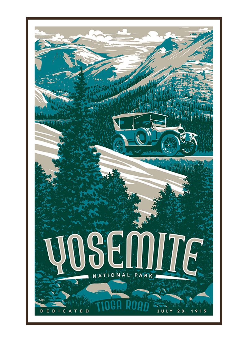 YOSposterborder_7edfd2b0-7d11-4d82-b312-65403d720554 Illustration of vintage car at Yosemite National Park