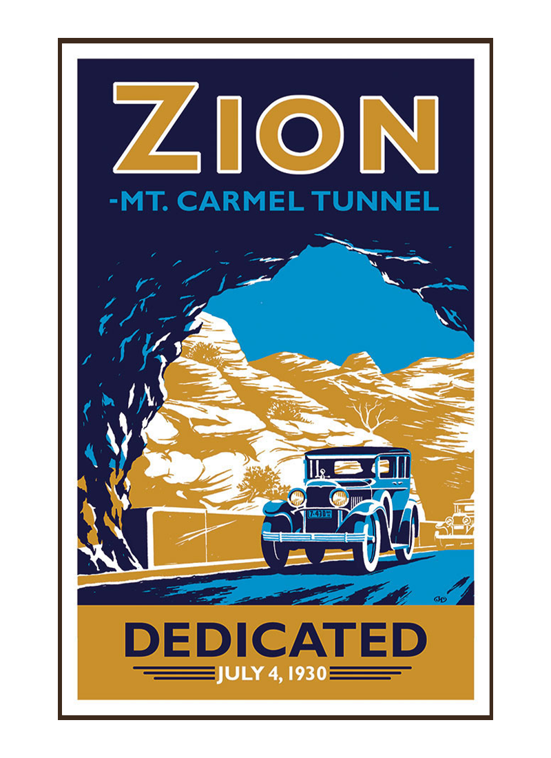 ZI-tunnelposterborder_4d9193d9-c617-452d-bbd2-41a4a71a0249 Illustration of vintage car at Zion National Park