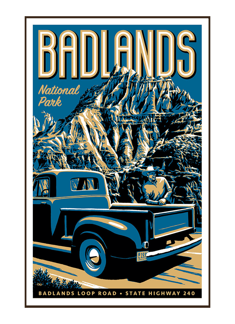 badlands-national-park-poster-border Illustration of vintage truck at Badlands National Park