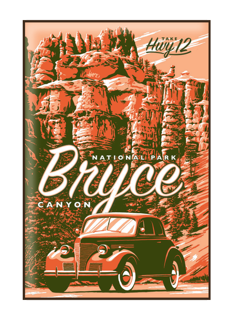 bryce-canyon-national-park-magnet-border Illustration of vintage car at Bryce Canyon National Park