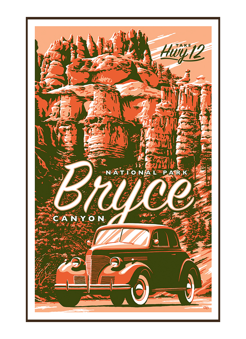 bryce-canyon-national-park-poster-border Illustration of vintage car at Bryce Canyon National Park