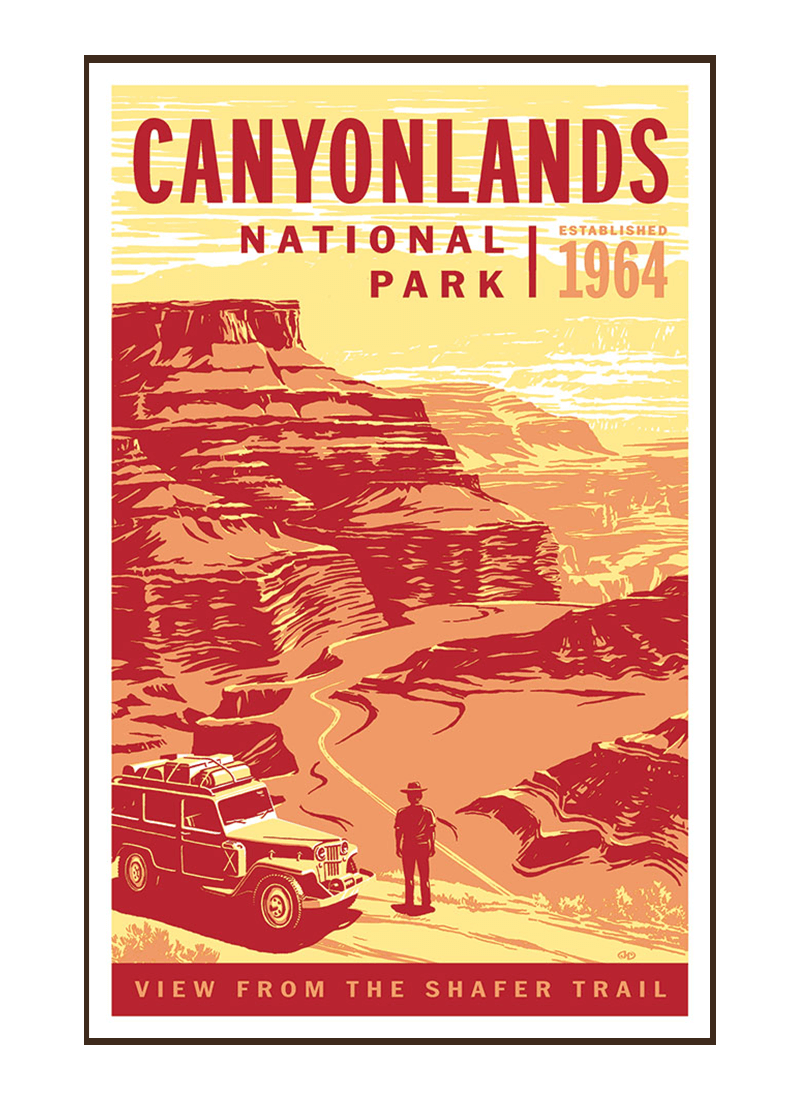 canyonlands-national-park-poster-border Illustration of vintage car at Canyonlands National Park