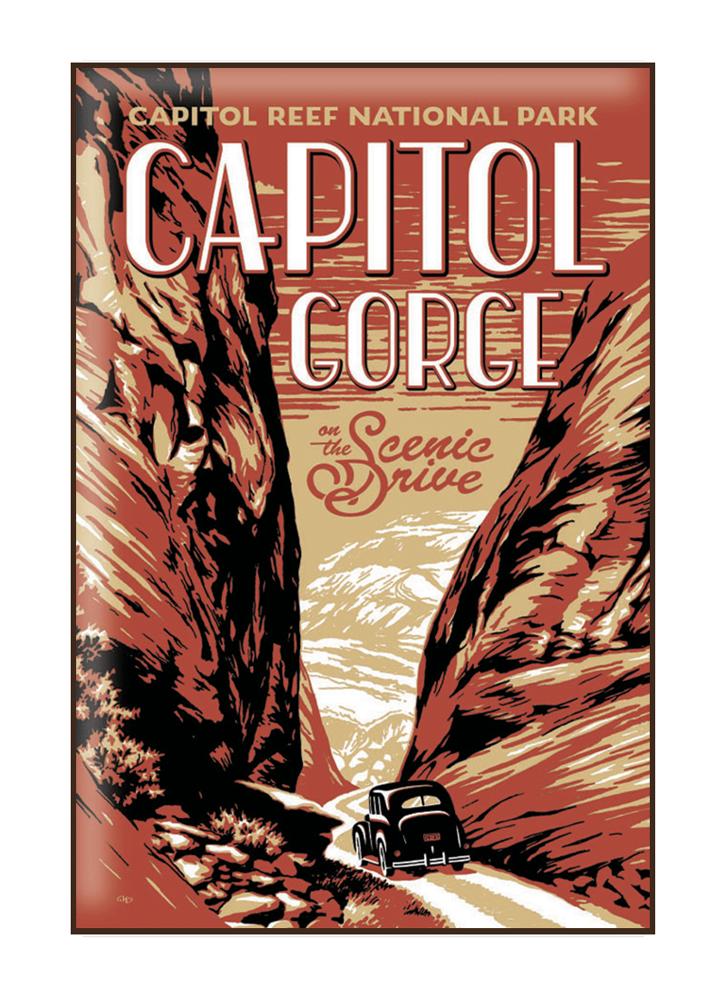 capitol-reef-gorge-magnet-border Illustration of vintage car at Capitol Reef National Park