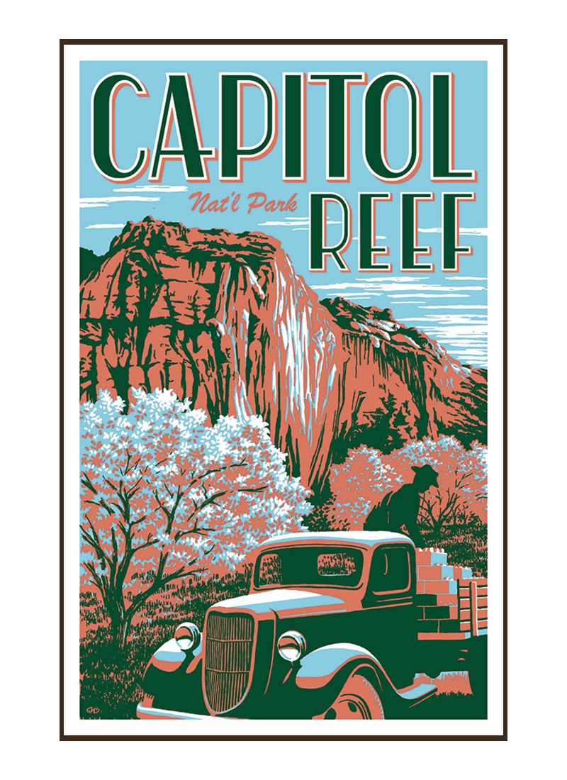 capitol-reef-national-park-poster-border Illustration of vintage truck at Capitol Reef National Park