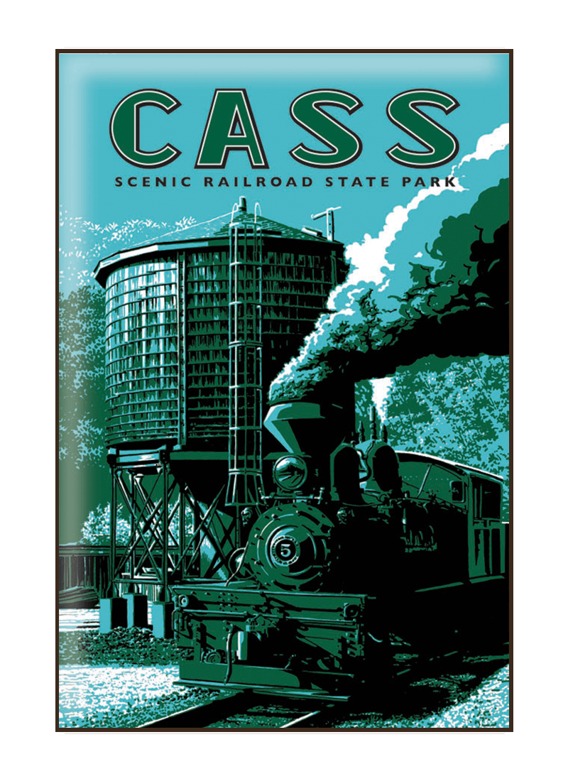 cass-state-park-tower-magnet-border Vintage-style illustration of train at Cass Scenic Railroad State Park