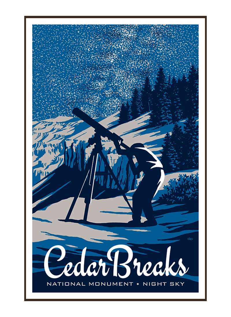 cedar-breaks-night-sky-poster-border Illustration of star-gazer and telescope at Cedar Breaks National Monument