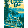 Vintage-style illustration of man on motorcycle at Crater Lake National Park