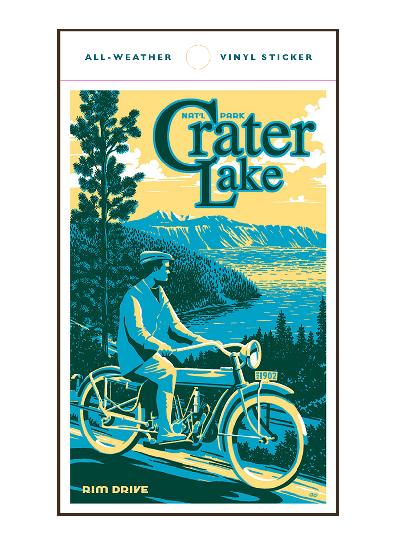 crater-lake-national-park-sticker-border Vintage-style illustration of man on motorcycle at Crater Lake National Park