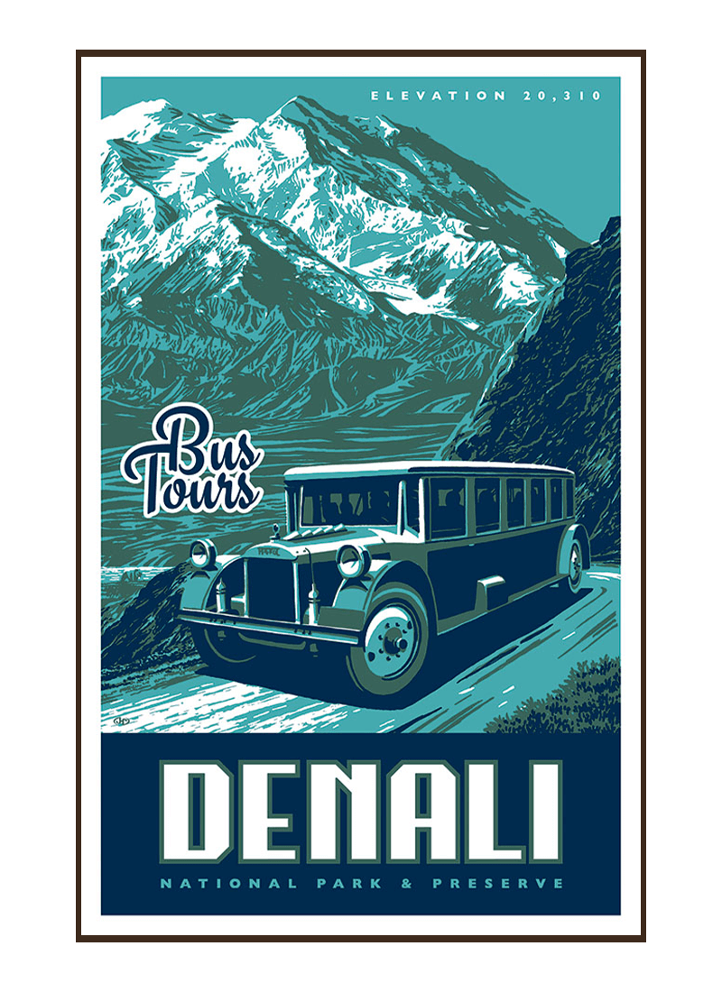denali-national-park-poster-border Illustration of vintage bus at Denali National Park