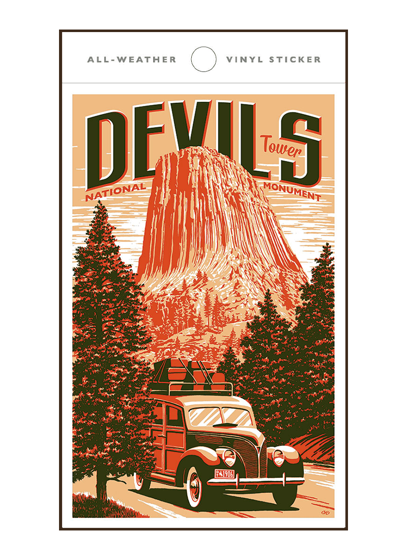 devils-tower-national-monument-sticker-border Illustration of vintage car at Devils Tower National Monument