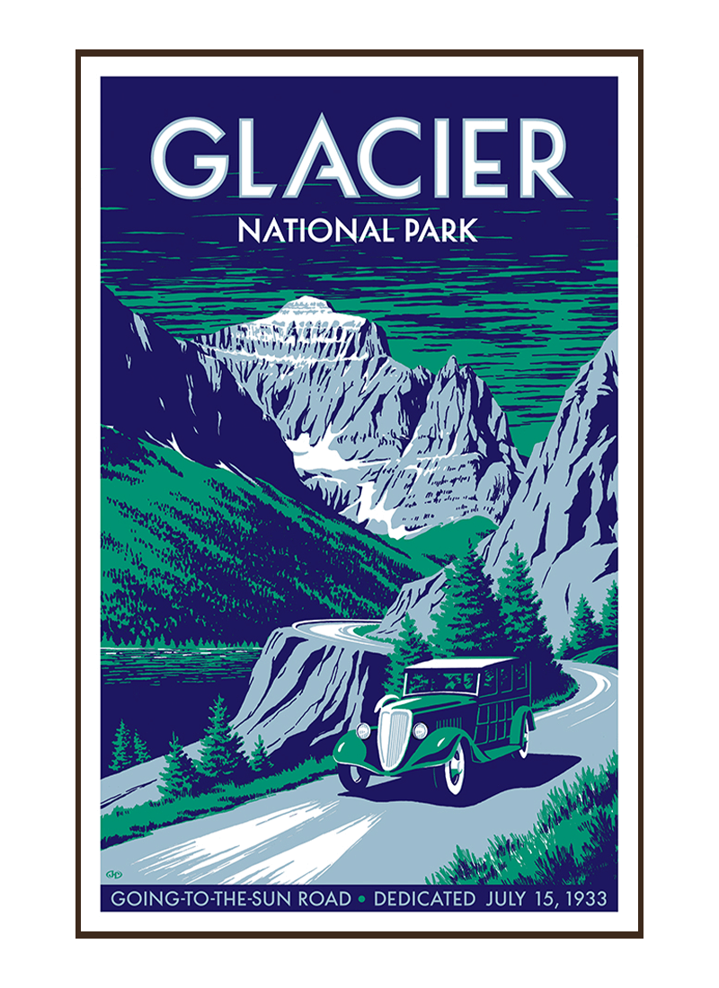 glacier-national-park-poster-border Illustration of vintage car at Glacier National Park