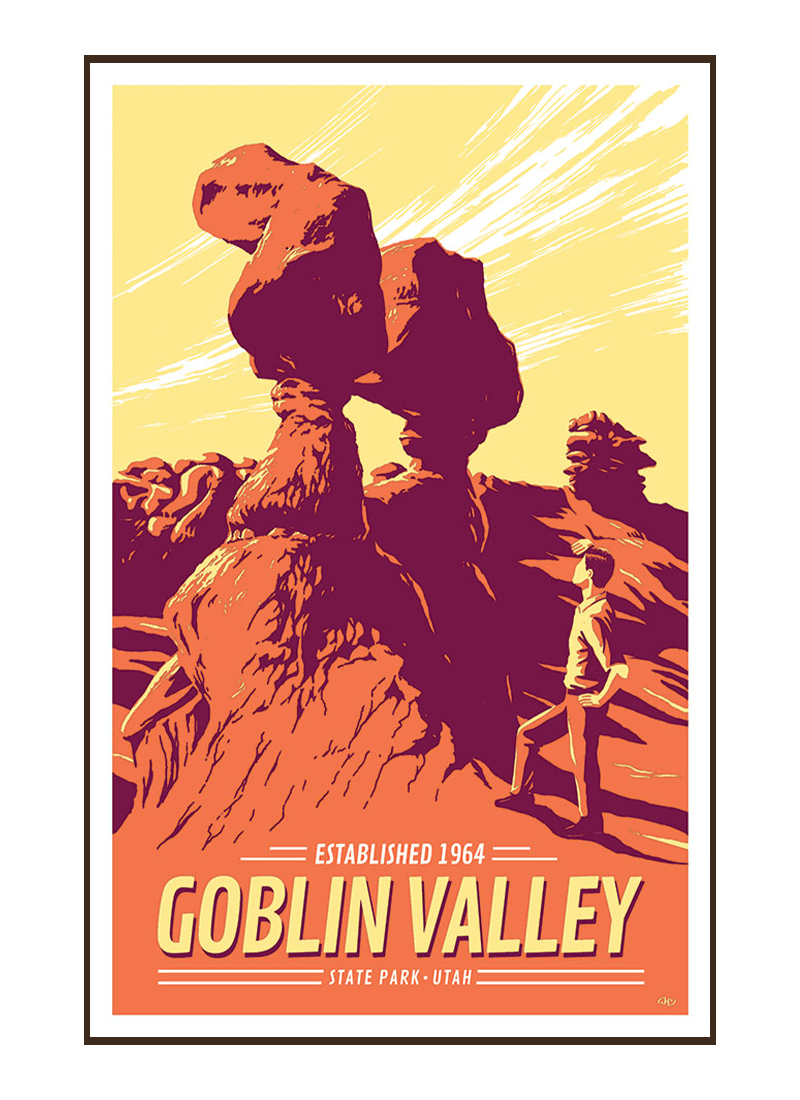 goblin-valley-state-park-poster-border Illustration of tourist at Goblin Valley State Park