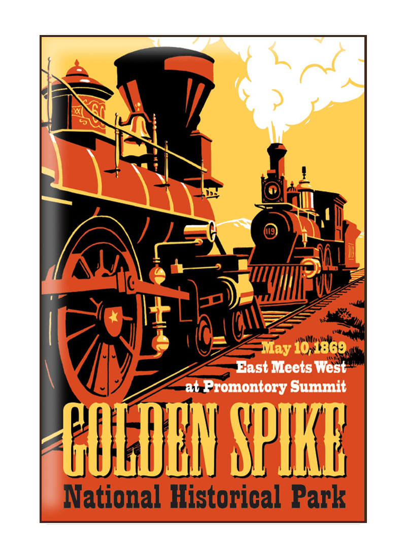 goden-spike-historical-park-magnet-border Vintage-style illustration of trains at Golden Spike National Historical Park