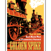 Vintage-style illustration of trains at Golden Spike National Historical Park