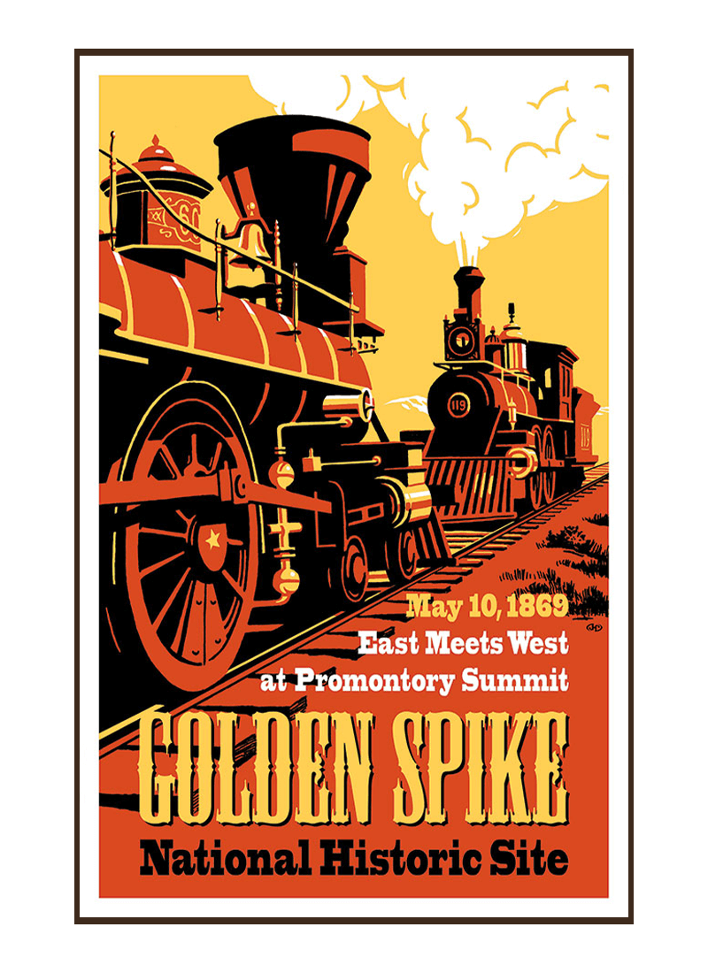 golden-spike-historic-site-poster-border Vintage-style illustration of trains at Golden Spike National Historical Park