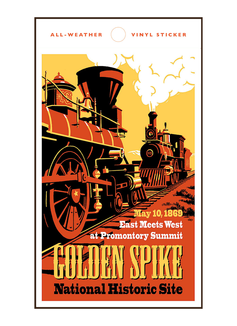 golden-spike-historic-site-sticker-border Vintage-style illustration of trains at Golden Spike National Historical Park