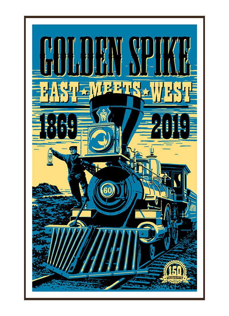 golden-spike-train-poster-border Vintage-style illustration of train at Golden Spike National Historical Park