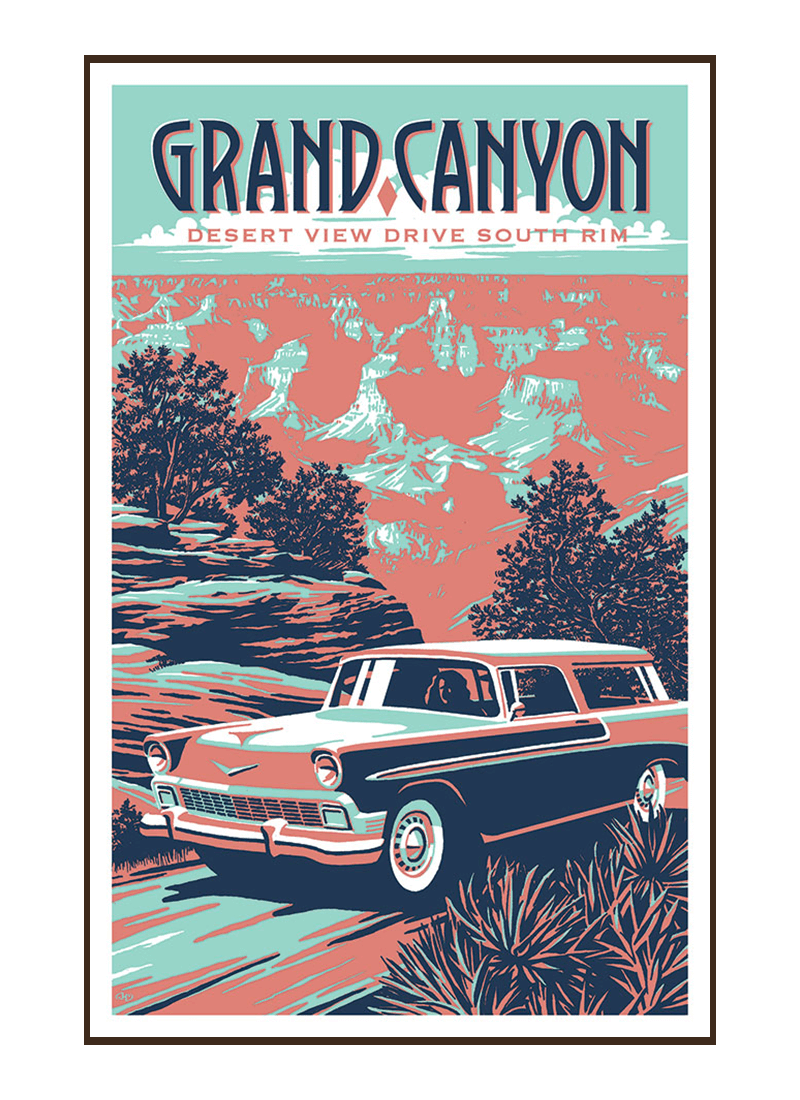 grand-canyon-national-park-south-poster-border Illustration of vintage car at Grand Canyon National Park