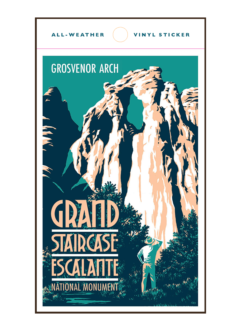 grand-staircase-escalante-arch-sticker-border Illustration of tourist at Grand Staircase Escalante National Monument