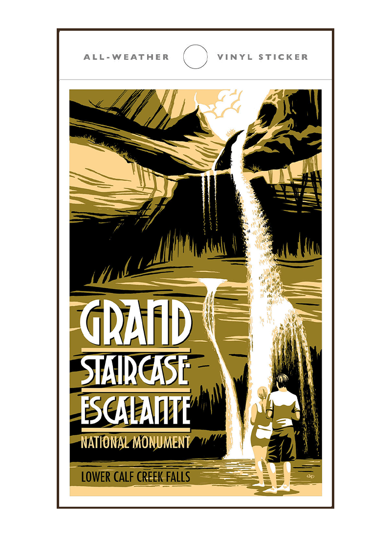 grand-staircase-escalante-falls-sticker-border Illustration of tourists at Grand Staircase Escalante National Monument