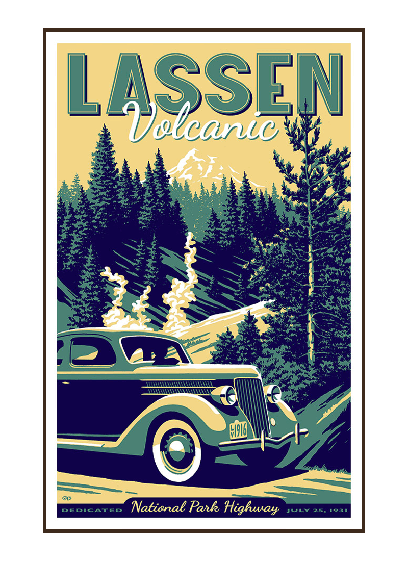 lassen-volcanic-national-park-poster-border Illustration of vintage car at Lassen Volcanic National Park