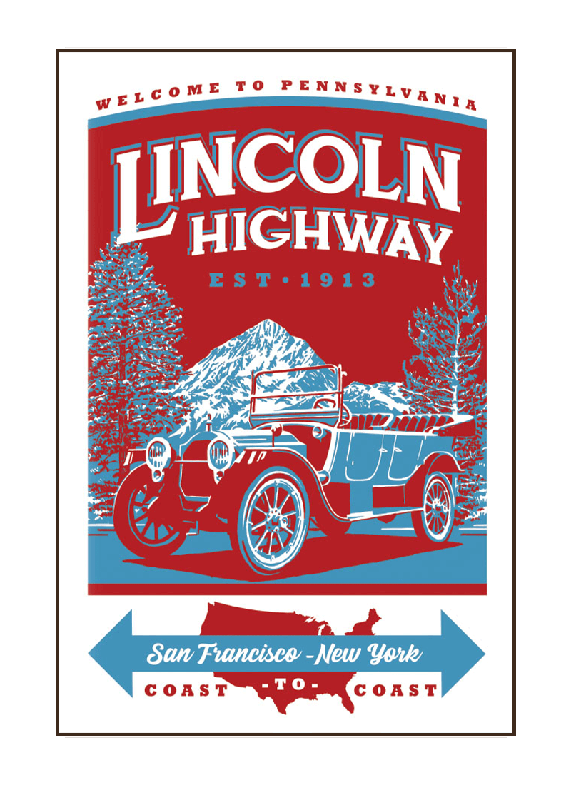 lincoln-highway-magnet-border Illustration of vintage car driving on the Lincoln Highway