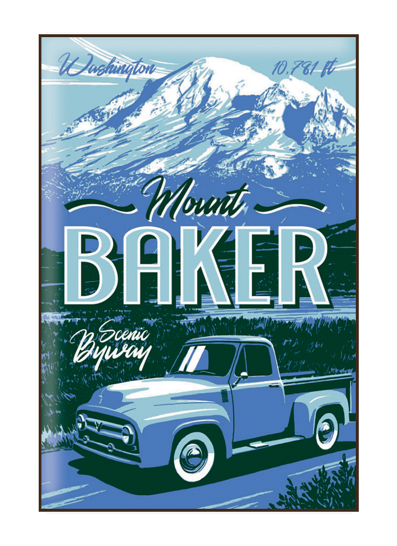 mount-baker-magnet-border Illustration of vintage car driving by Mount Baker