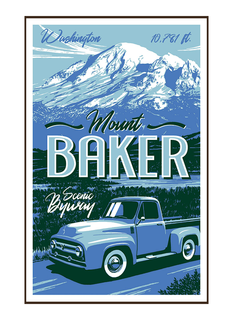 mount-baker-poster-border Illustration of vintage car driving by Mount Baker