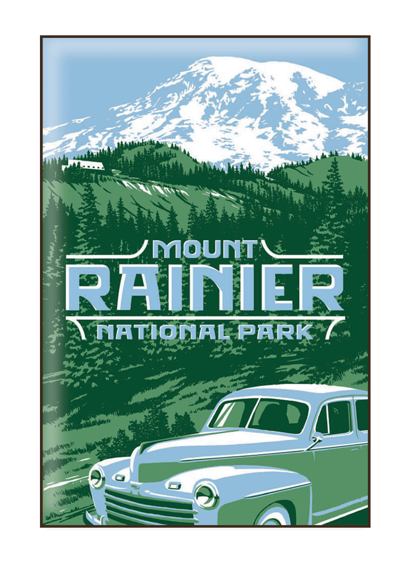 mount-rainier-national-park-magnet-border Illustration of vintage car at Mount Rainier National Park