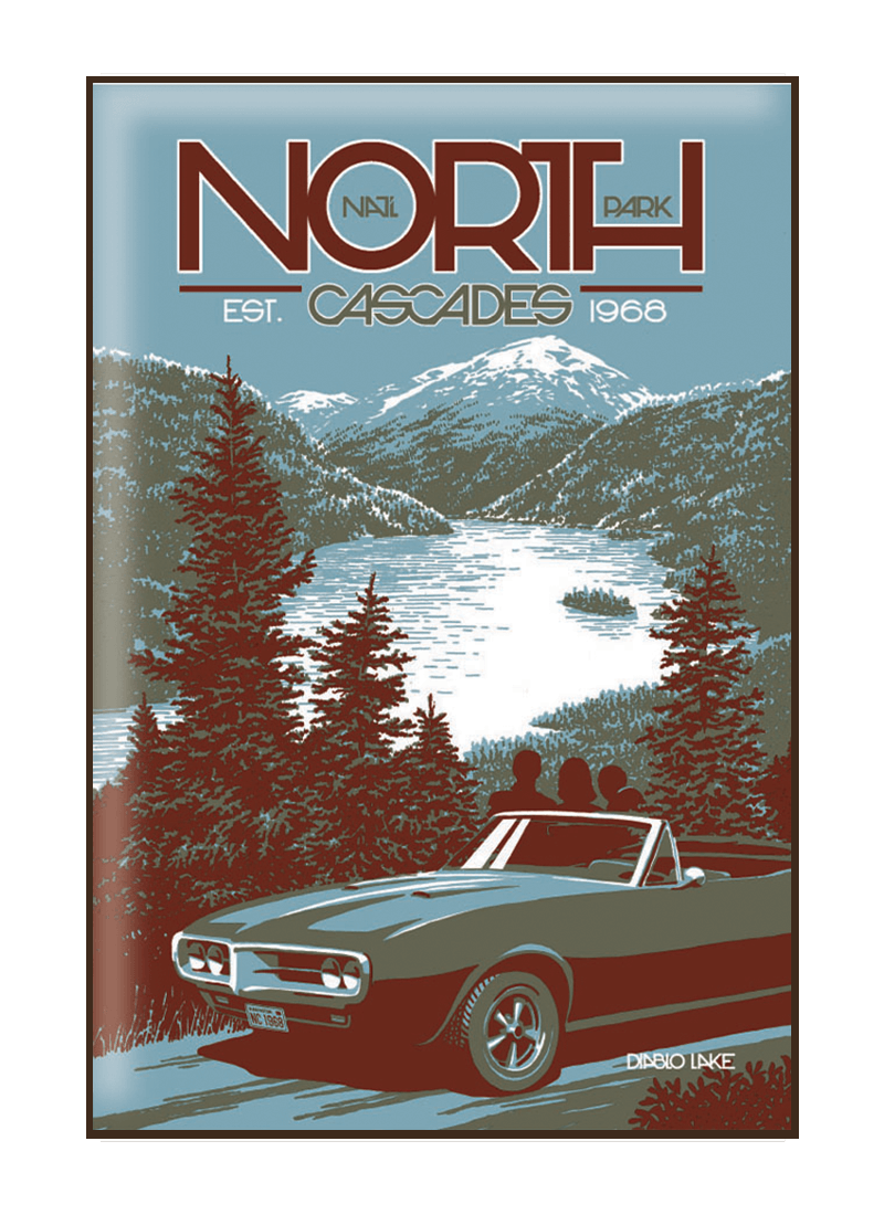 north-cascades-diablo-lake-magnet-border Illustration of vintage car at Diablo Lake in North Cascades National Park