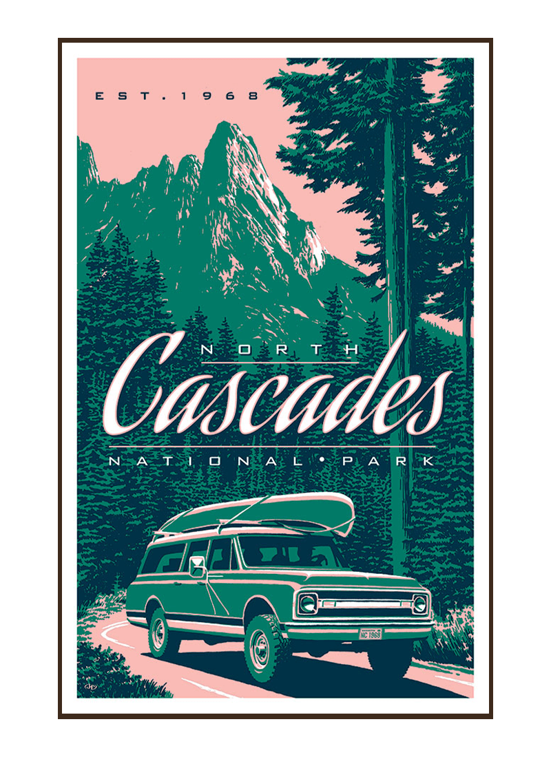 north-cascades-liberty-mountain-poster-border Illustration of vintage car at Liberty Mountain in North Cascades National Park